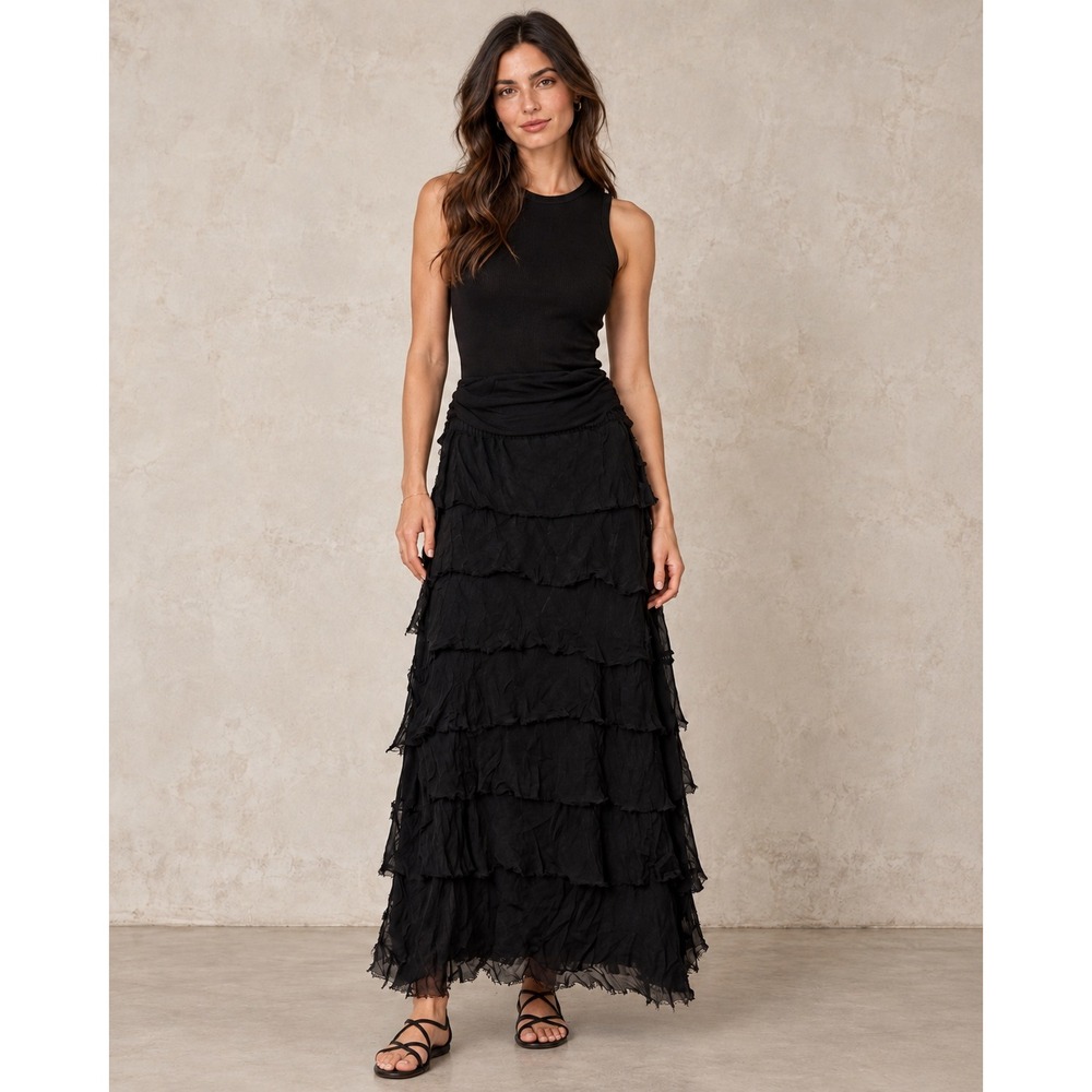 Bella Amore Made in Italy 3X Silk Black Tiered Maxi Skirt Lagenlook Art to Wear